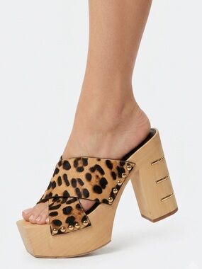 Zigi NY Tabitha Platform Slides Leopard Chunky Wood Heel Leather Sz 8